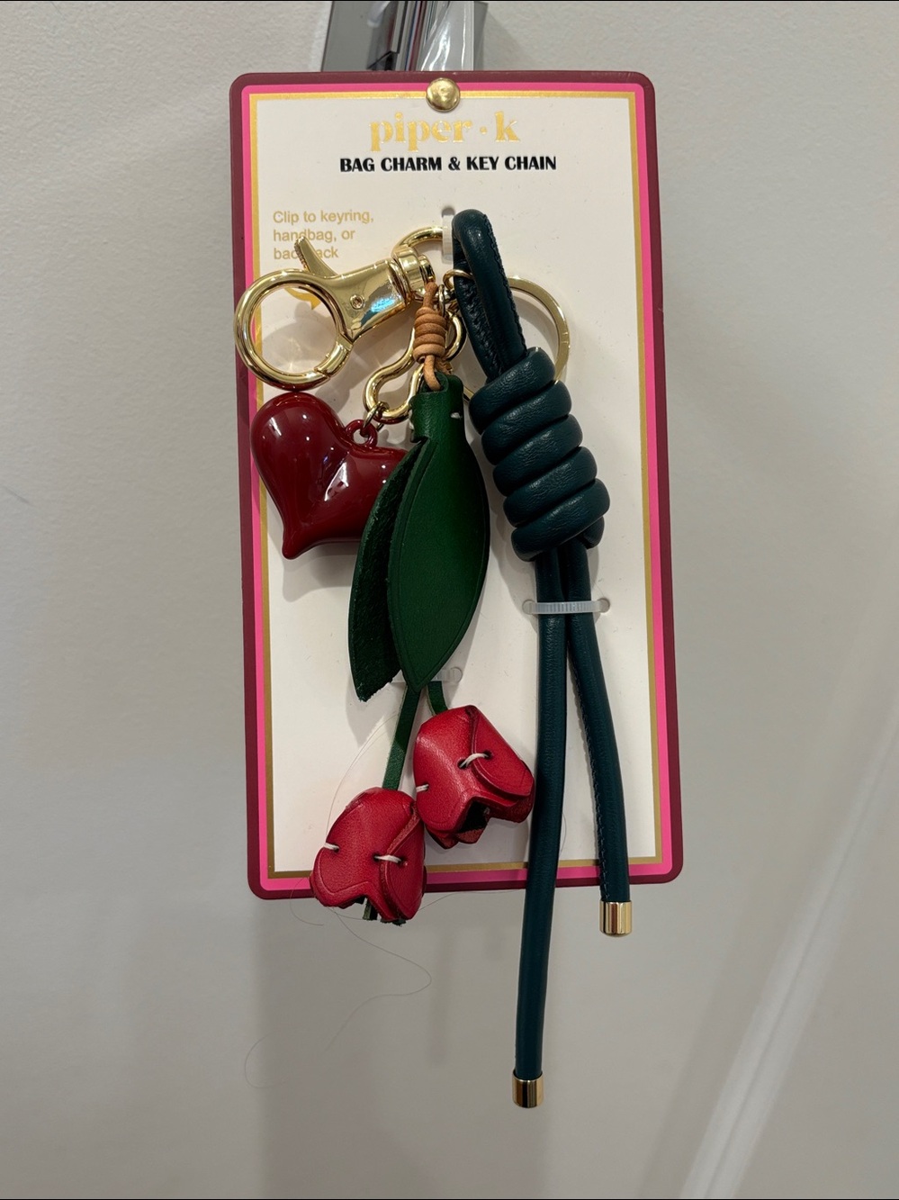 NWT Piper K Faux Leather Roses and heart Key Charm in Red & Green